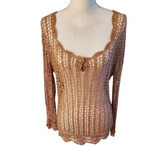 Worthington Long Sleeve Tan Crochet Knit Top Scoop Neck Scalloped Detail Size XL